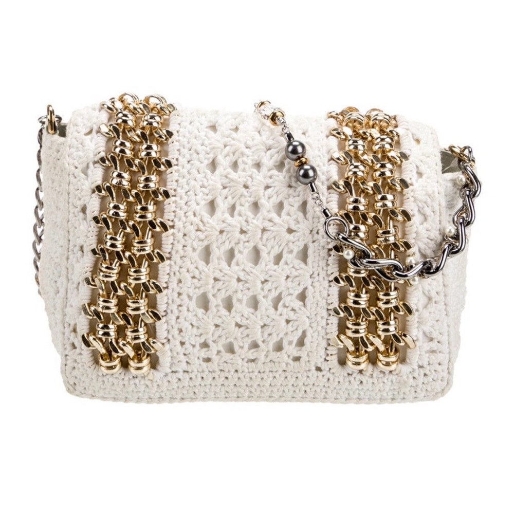 Authentic Dolce & Gabbbana White and Gold Crochet Chain Bag